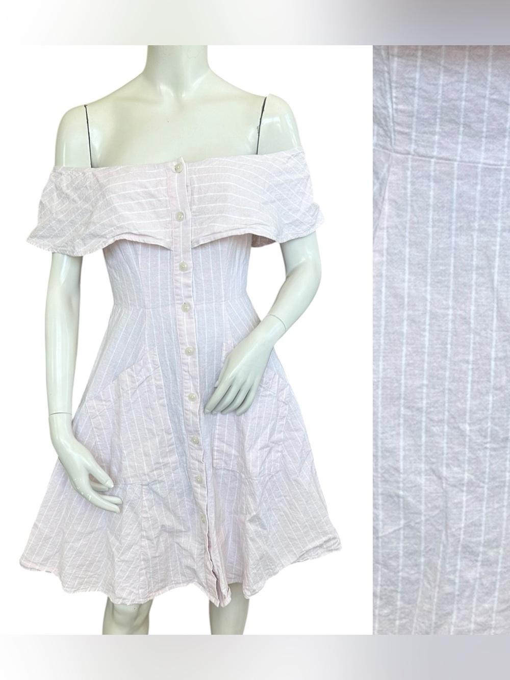 Saks Fifth Ave White Pink Striped Off Shoulder Fit & Flare Linen Blend Dress 0
